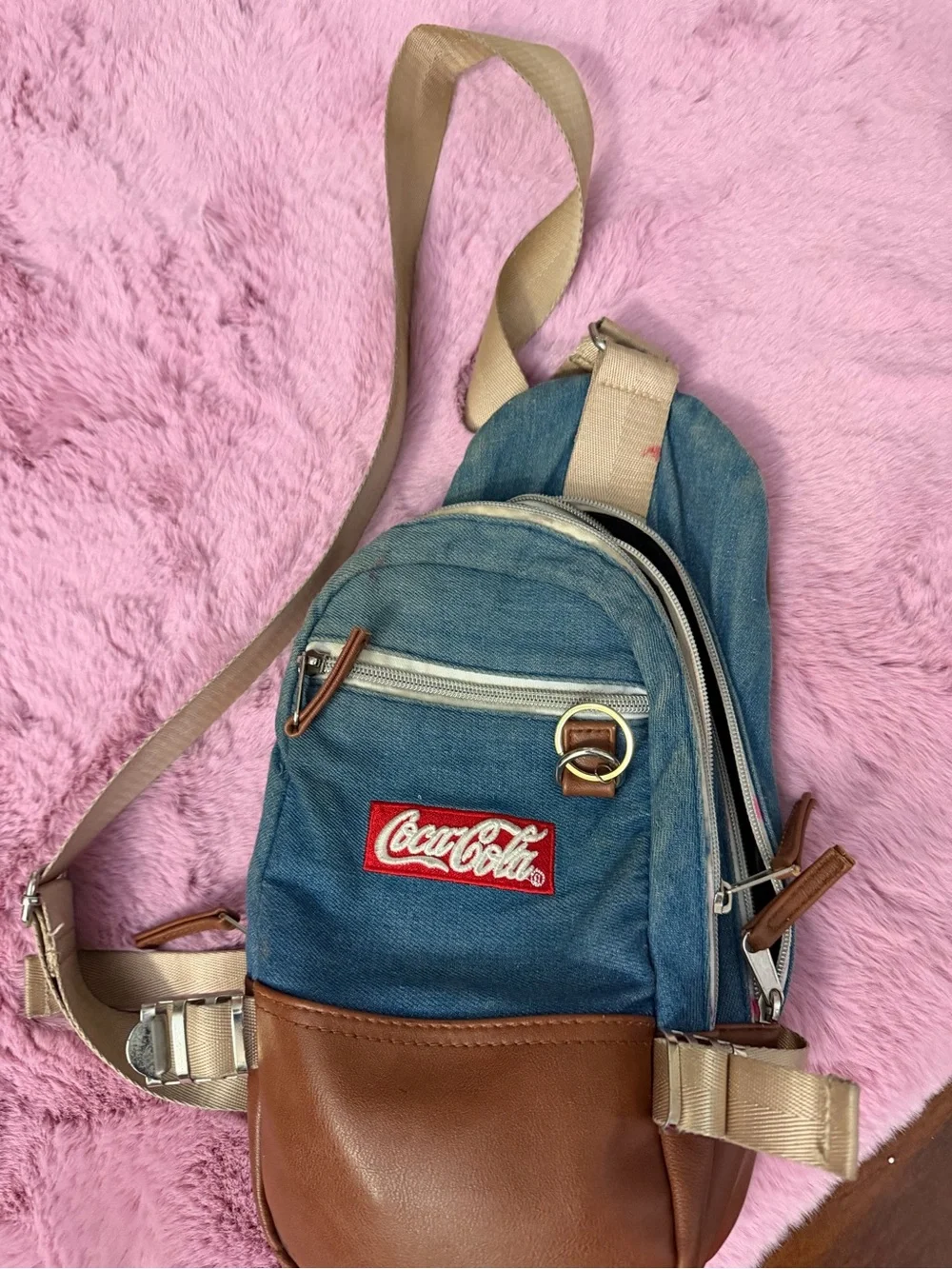 Coca Cola Blue Denim and Brown Faux-Leather Sling Bag